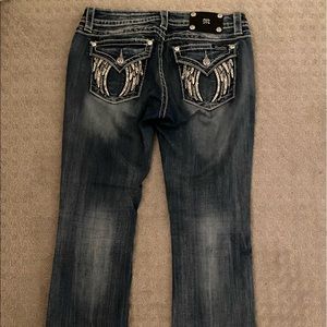 Miss Me Metallic Wings Sequin Faux Flap Distressed Bootcut Women’s Jeans